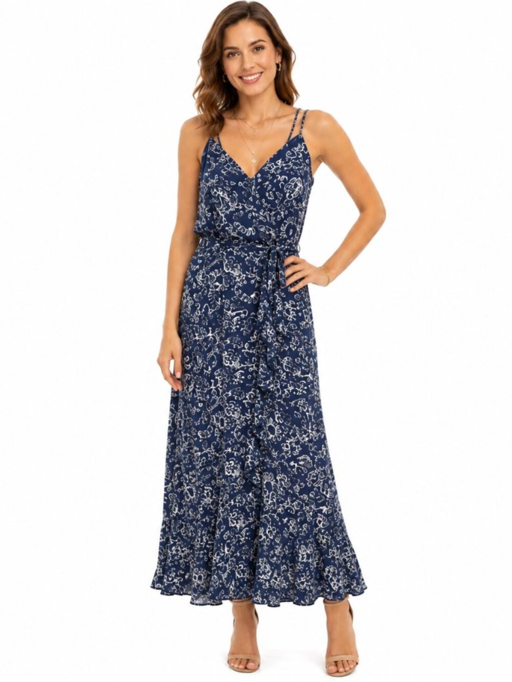 2/$30 Cato Ruffle Front Spaghetti Strap Front Slip Wrap Maxi Dress Blue Sz 10